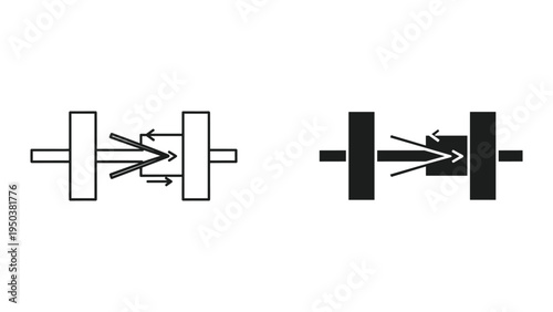 Optical diagram: Light refraction and reflection at interfaces, line art and solid icon