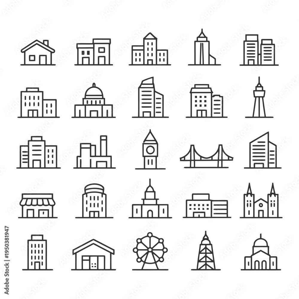 Fototapeta premium Outline icons of various architectural structures and buildings.