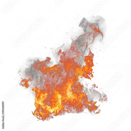 Fotografía Dynamic fiery explosion with burning orange and yellow flames and gray smoke isolated on a transparent background