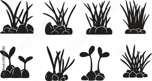 Grass and plant silhouette collection featuring natural foliage, sprouts, and wild vegetation elements for landscape design, gardening themes, nature illustrations, and decorative botanical graphics