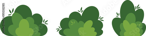 Green bush collection cartoon style garden plants shrubs illustration set isolated on white background nature foliage decorative landscaping vector design elements