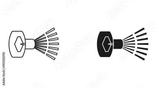 Spray Nozzle Icon Set: Outline and Solid Black Versions for Disinfection, Cleaning, and Aerosol Applications
