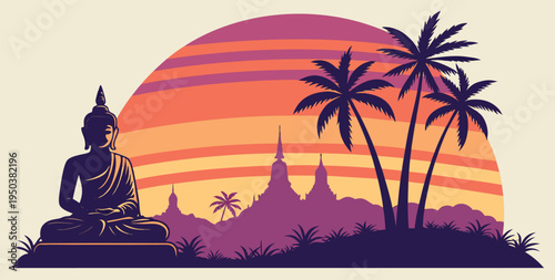 Phuket sunset skyline vector featuring Big Buddha statue, Thai temples, and tropical palm trees. Vibrant tropical sunset gradient with orange, pink, and purple hues behind a bold skyline silhouette