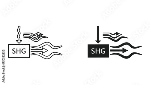 SHG Second Harmonic Generation diagram, laser beam interaction with crystal, light amplification, optical physics, science icon