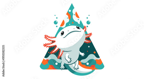 A charming, stylized illustration of a white axolotl with vibrant red gills, set against a geometric background of blue and orange aquatic elements, perfect for nature and animal-themed designs.