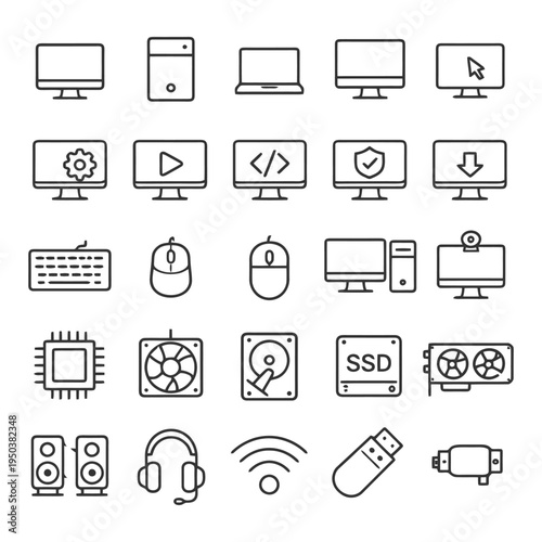 Minimalist icon set: computers, devices, technology components and accessories.