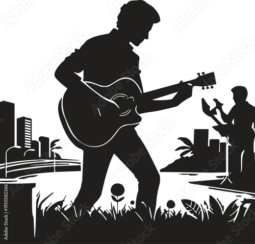 Guitar player silhouette performing outdoor music with city skyline background, street musician playing acoustic guitar vector