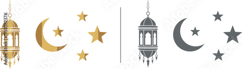 Islamic Ramadan Lantern Crescent Moon and Stars Icons Set Elegant Decorative Religious Celebration Symbols Vector
