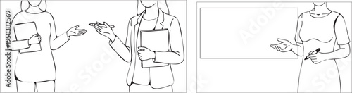 Teacher holding notebook and pointing to empty board while explaining lesson to class students