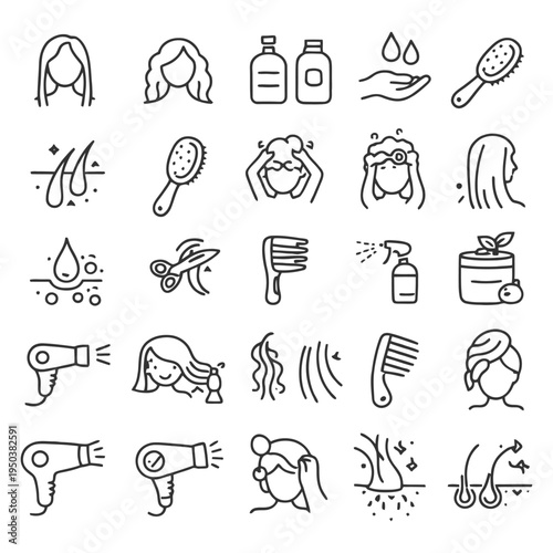 Hair care routine icons collection: products, tools, hair types, haircut, styling, treatment.