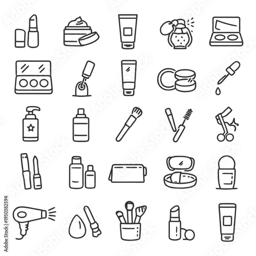 Hand-drawn beauty products icons - makeup, skincare, perfume, hairdryer, brushes.