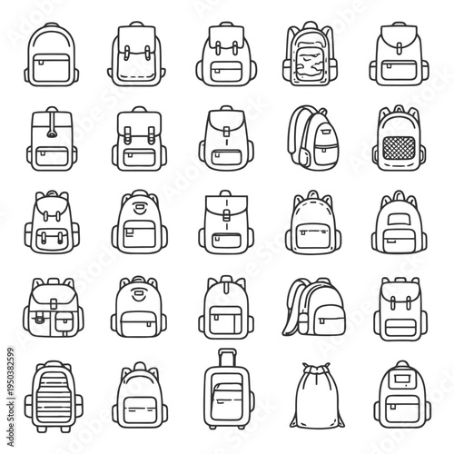 Collection of 20 stylish backpack icons in black and white outline design.