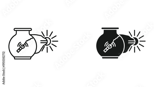 Cracked Pot with Flashlight and Sun Icon - Line Art and Silhouette Icons