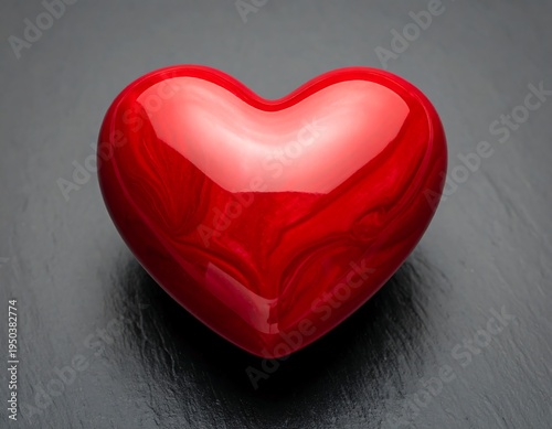 Shiny, red, heart-shaped object on a dark, textured surface