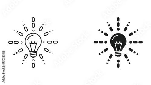 Light bulb with radiating lines icon - outline and solid style, representing ideas and innovation