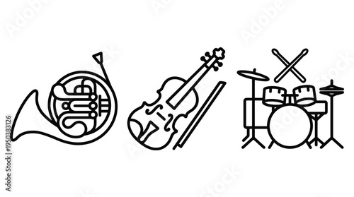 French horn, violin and bow, drum set Vector