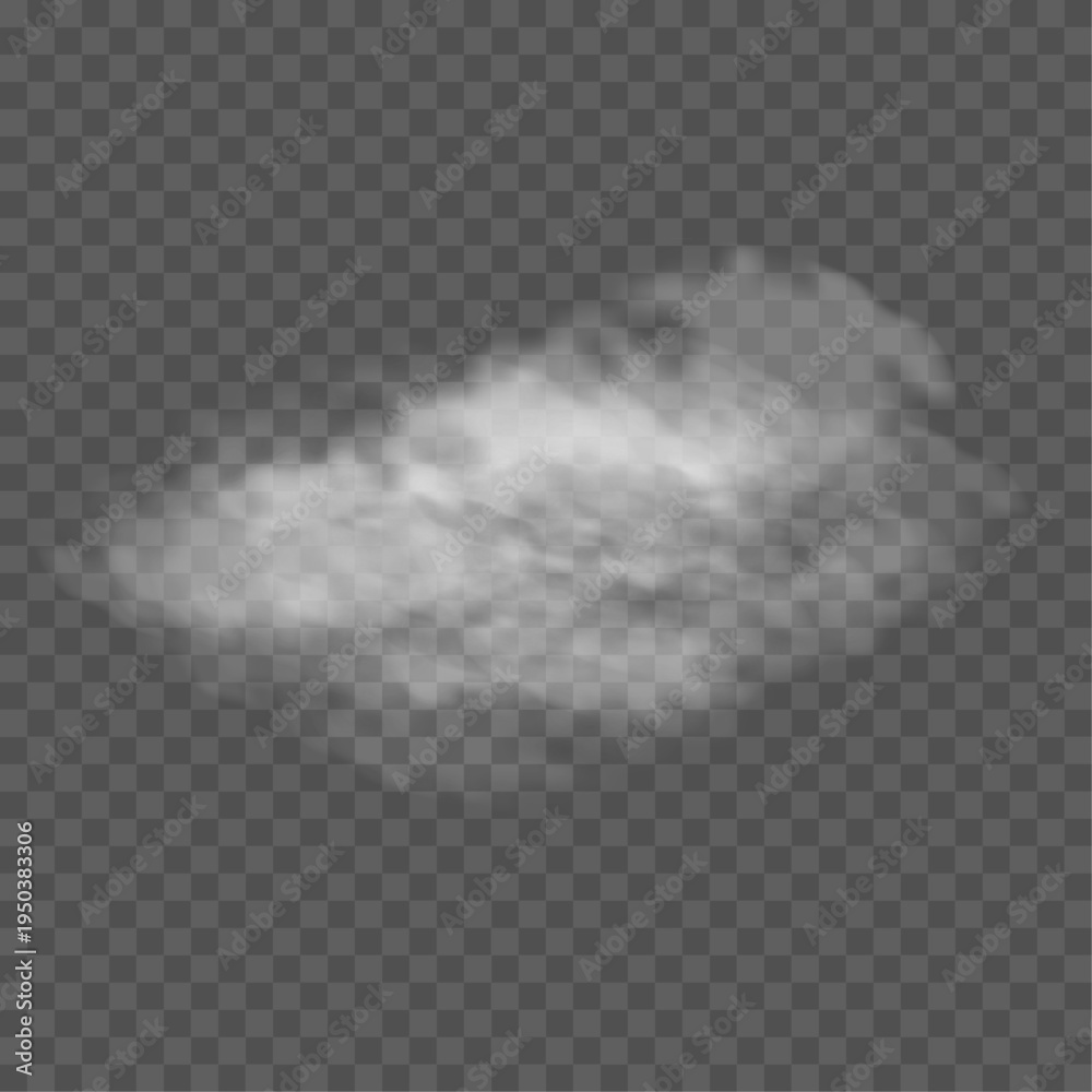 Fototapeta premium Clouds of white smoke or steam with realistic texture on transparent background. Vector smoke to simulate fog, cold breath, magic effect or explosion.