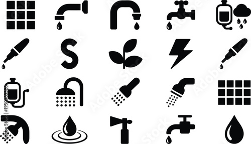 Water management and plumbing icon set featuring faucet, shower, water drop, filtration, energy, irrigation and sustainability symbols for environmental conservation, sanitation, hydrology 