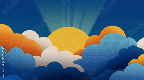 Retro Inspired Sunrise Over Stylized Clouds Vector Illustration Background With Dramatic Sun Rays And Atmospheric Sky Landscape