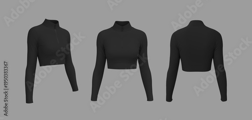 Women’s High-Neck Half-Zip Long Sleeve Cropped Workout Shirt Mockup. Front and Back View	