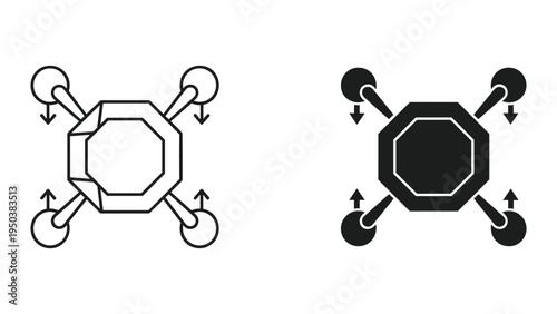 Drone Icon Set: Line Art and Solid Black Glyph with Propeller Arrows