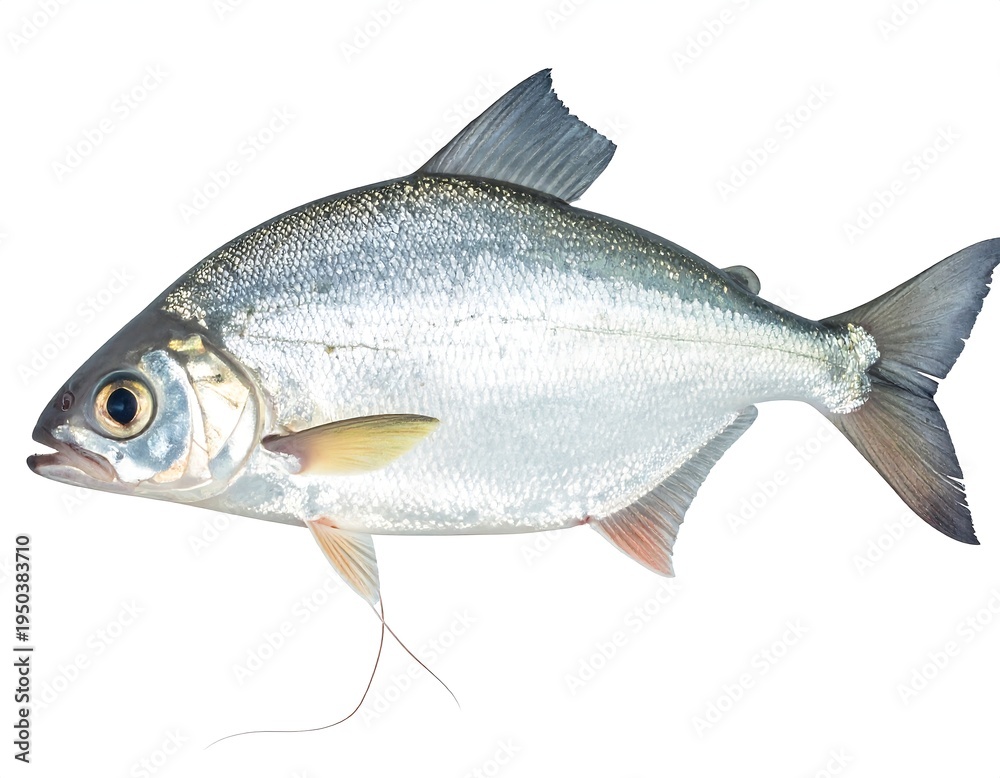 Fototapeta premium Silver fish illustration, side profile, fins detailed