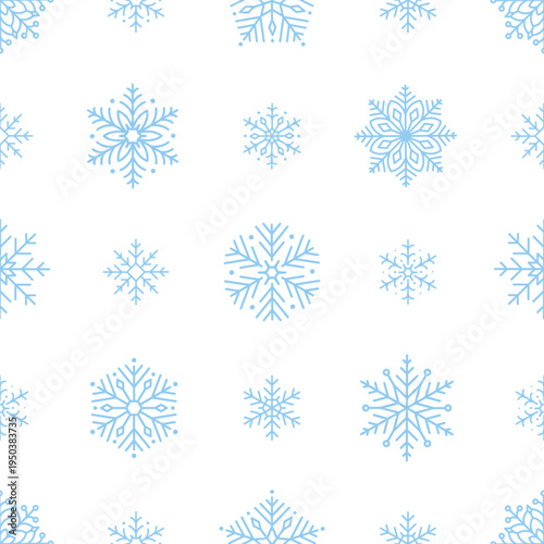 Seamless pattern with cute minimalist snowflakes. Gentle winter holiday design for Christmas, New Year. Perfect for banner, wallpaper, wrapping paper, background, card, poster. Vector illustration