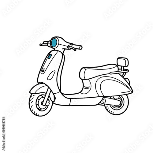 Line drawing of a classic scooter with a blue headlight on a white background.
