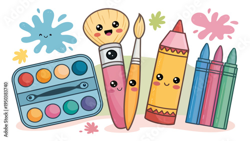 Kawaii art tools with smiling faces colorful crayons paintbrushes and palette on white background with splashes