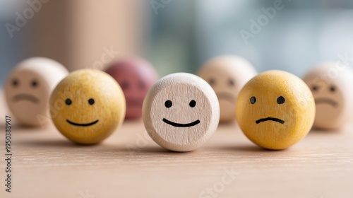 Group of wooden balls with faces showing different emotions