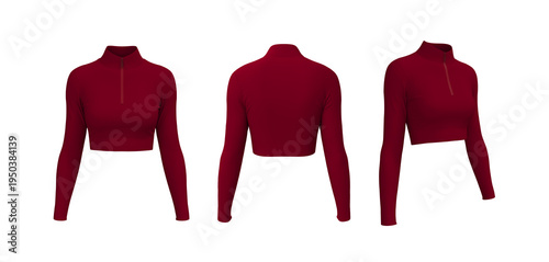 Women’s High-Neck Half-Zip Long Sleeve Cropped Workout Shirt Mockup. Front and Back View	