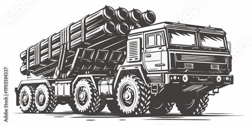 Detailed sketch of a large military truck carrying missile launchers