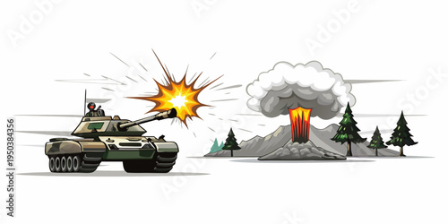 Cartoon illustration of a tank firing at a volcano with an explosion