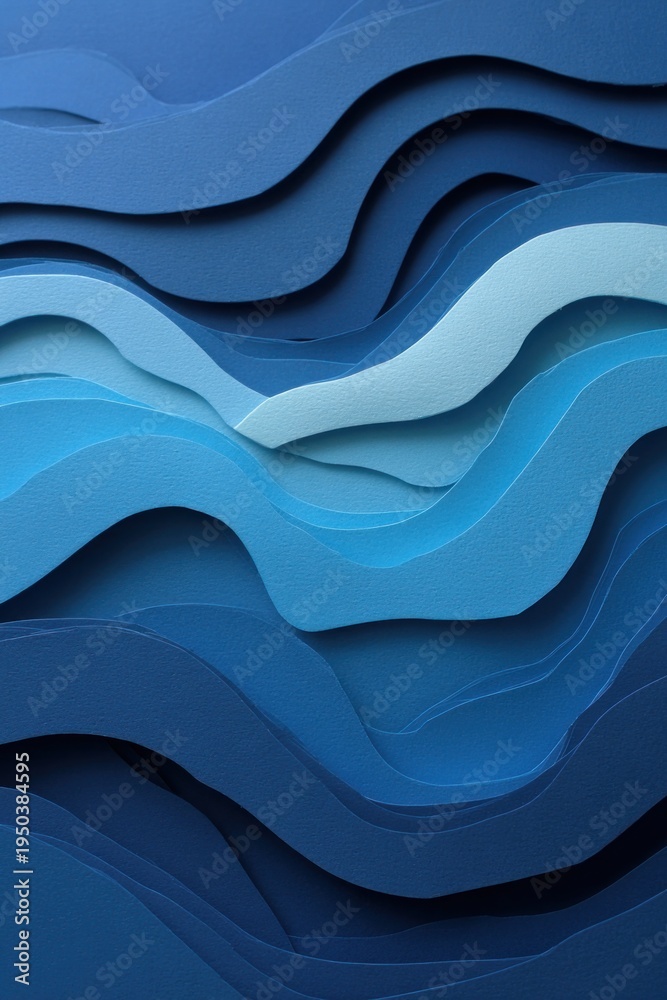 Fototapeta premium Paper cut ocean waves formed from layered blue paper, minimalist abstract seascape with subtle depth and shadow.