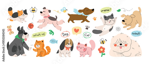 Collection of playful cat and dog with smiling, running and jumping. Flat doodle cartoon vector illustration.