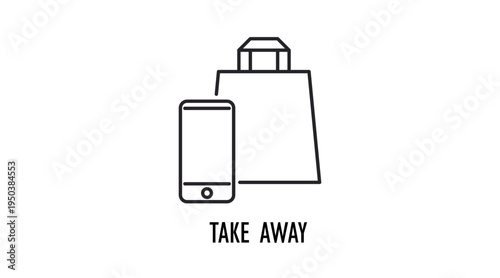 Simple black line takeaway bag with smartphone icon, online food order and takeaway delivery symbol isolated on white background, mobile food ordering and restaurant delivery concept for web and app d