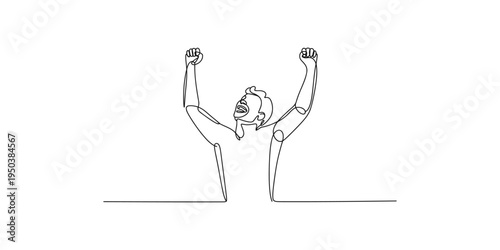 Continuous line drawing of a man celebrating with arms raised in triumph and joy success