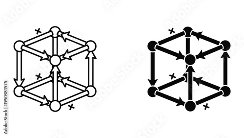 Abstract cube with directional arrows and plus signs, network diagram, data flow, concept