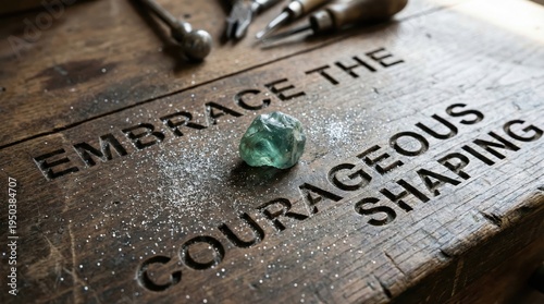 Rough wooden surface with gemstone and carved inscription