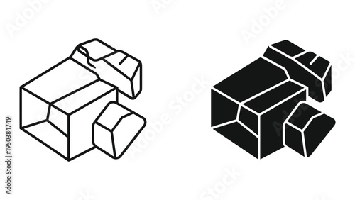 Isometric Icons of Rough Stone Blocks, Line Art and Silhouette