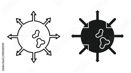 Virus with Outward and Inward Arrows, Line Art and Silhouette Icons