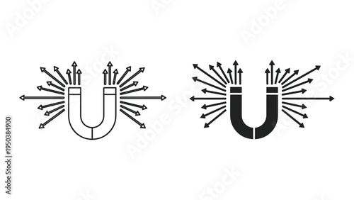 Two U-shaped horseshoe magnets, one outline, one solid black, with radiating arrows showing magnetic force