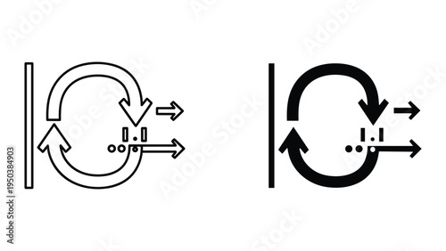 Circular arrows diagram with entry and exit points, line art and solid icon