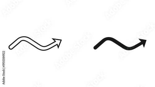 Wavy Arrow Icon Set: Outline and Solid, Rightward Direction, Isolated on White Background