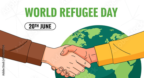 World Refugee Day illustration with handshake and globe on white background