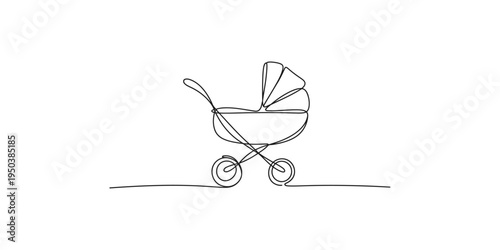 Continuous line drawing of a baby stroller or pram with a single unbroken line carriage