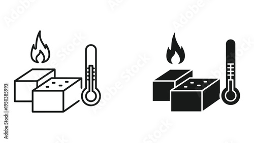 Heat Transfer and Temperature Measurement Icons: Thermal Conduction, Flame, and Thermometer