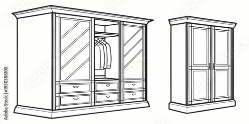 A pair of elegant wooden wardrobes with distinct designs and storage solutions