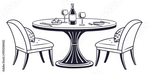 A beautifully set dining table with chairs and a bottle of wine.