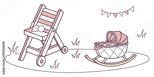 A charming illustration of a vintage rocking chair and baby cradle on a grassy patch